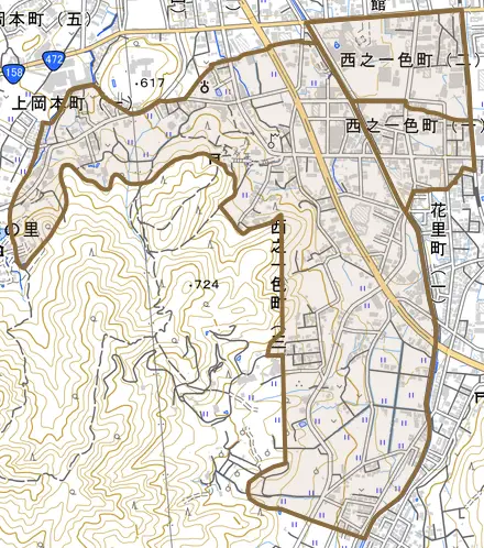 西之一色町とその周辺の地図。町の範囲を重ねている