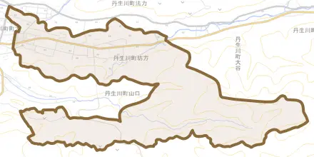 丹生川町坊方とその周辺の地図。町の範囲を重ねている