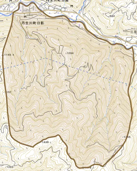 丹生川町日影とその周辺の地図。町の範囲を重ねている