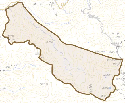 丹生川町岩井谷とその周辺の地図。町の範囲を重ねている