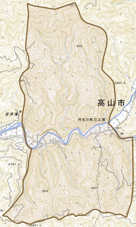 丹生川町三之瀬とその周辺の地図。町の範囲を重ねている