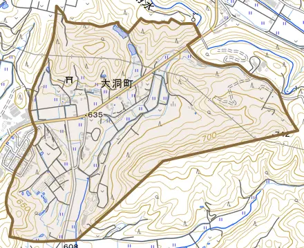 大洞町とその周辺の地図。町の範囲を重ねている