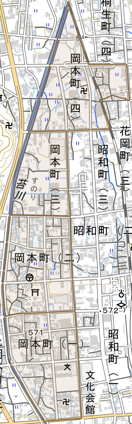 岡本町とその周辺の地図。町の範囲を重ねている