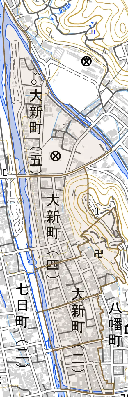 大新町とその周辺の地図。町の範囲を重ねている