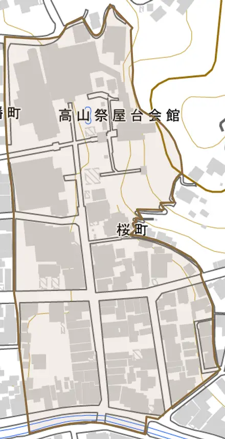 桜町とその周辺の地図。町の範囲を重ねている