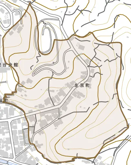 左京町とその周辺の地図。町の範囲を重ねている
