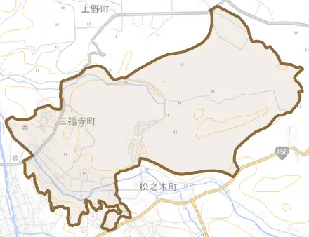 三福寺町とその周辺の地図。町の範囲を重ねている