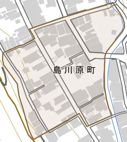 島川原町とその周辺の地図。町の範囲を重ねている