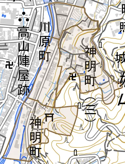 神明町とその周辺の地図。町の範囲を重ねている
