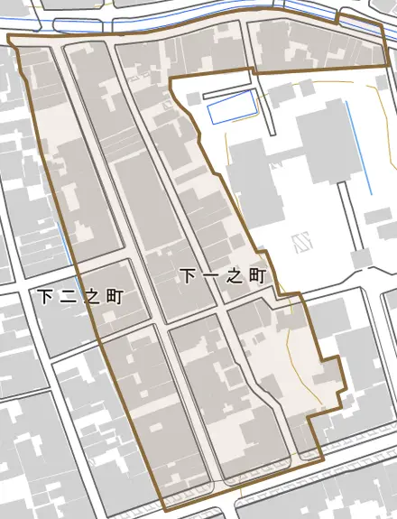 下一之町とその周辺の地図。町の範囲を重ねている