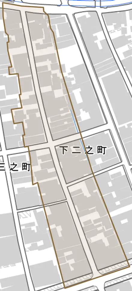 下二之町とその周辺の地図。町の範囲を重ねている