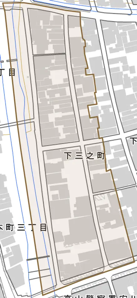 下三之町とその周辺の地図。町の範囲を重ねている