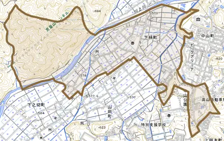 下林町とその周辺の地図。町の範囲を重ねている