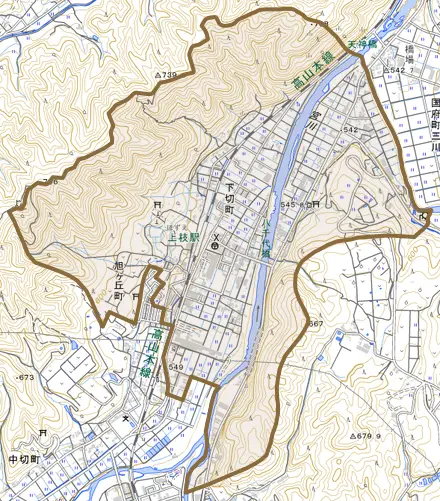 下切町とその周辺の地図。町の範囲を重ねている