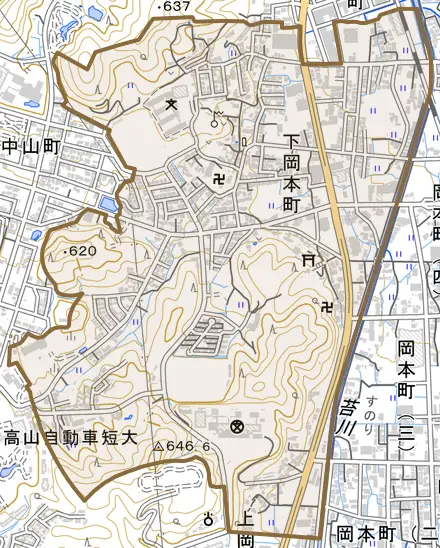 下岡本町とその周辺の地図。町の範囲を重ねている