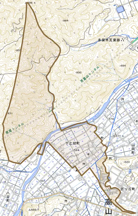 下之切町とその周辺の地図。町の範囲を重ねている