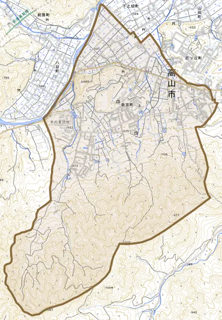 新宮町とその周辺の地図。町の範囲を重ねている