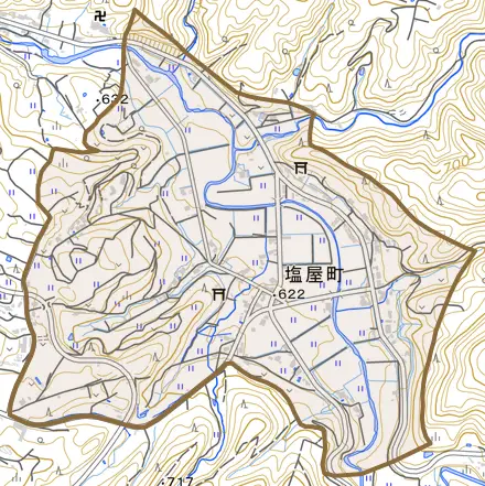 塩屋町とその周辺の地図。町の範囲を重ねている