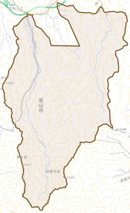 荘川町一色とその周辺の地図。町の範囲を重ねている