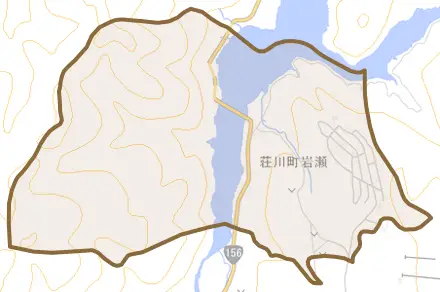 荘川町岩瀬とその周辺の地図。町の範囲を重ねている