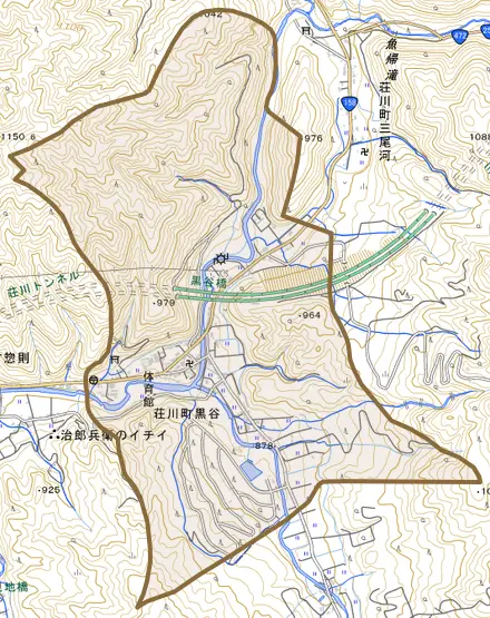荘川町黒谷とその周辺の地図。町の範囲を重ねている