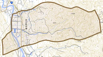 荘川町中畑とその周辺の地図。町の範囲を重ねている