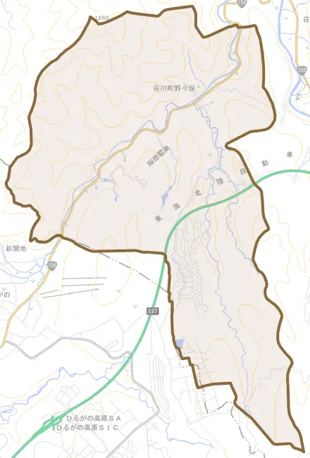 荘川町野々俣とその周辺の地図。町の範囲を重ねている