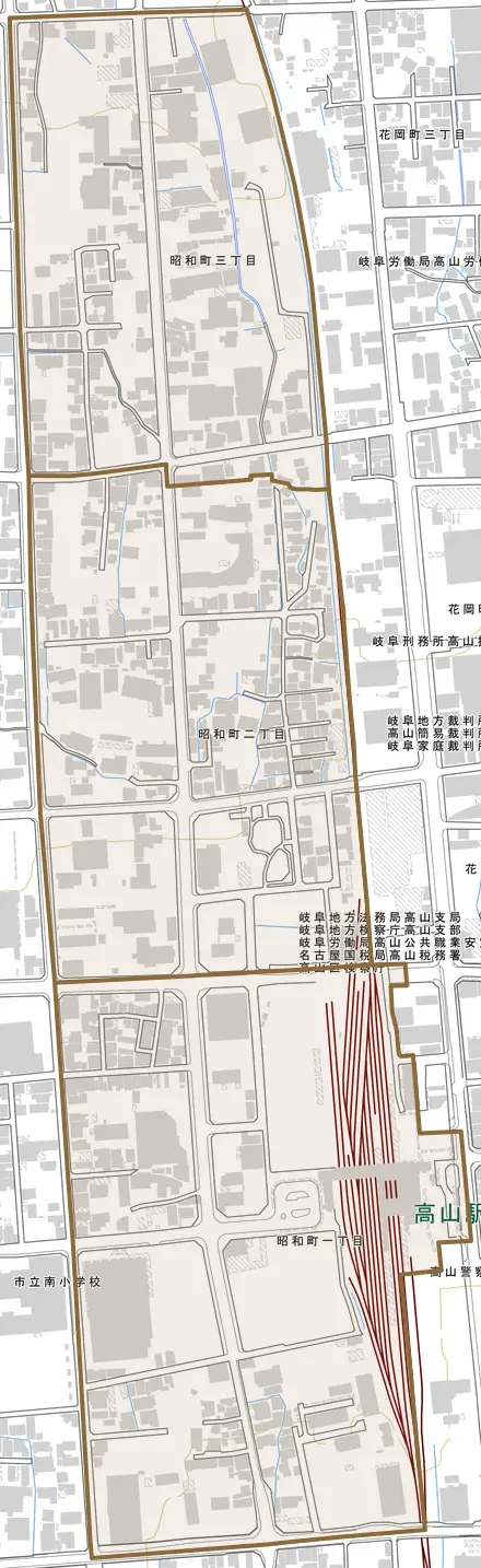 昭和町とその周辺の地図。町の範囲を重ねている