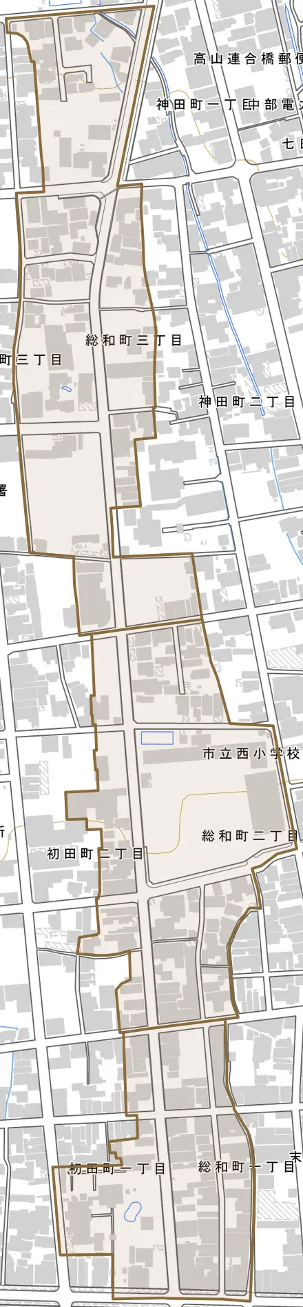 総和町とその周辺の地図。町の範囲を重ねている