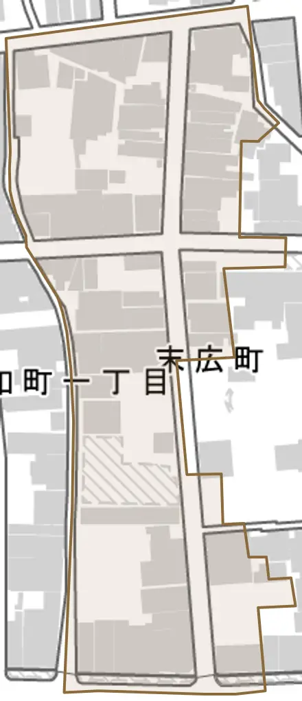 末広町とその周辺の地図。町の範囲を重ねている