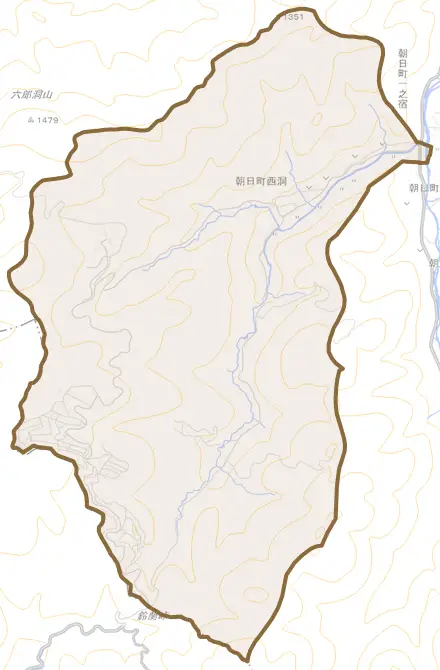 朝日町西洞とその周辺の地図。町の範囲を重ねている