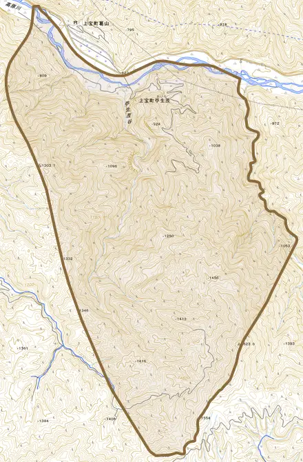 上宝町苧生茂とその周辺の地図。町の範囲を重ねている