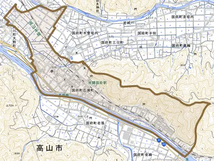 国府町広瀬町とその周辺の地図。町の範囲を重ねている