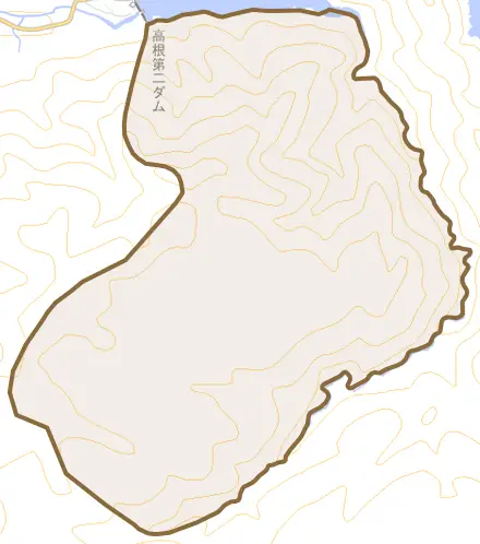 高根町日影とその周辺の地図。町の範囲を重ねている