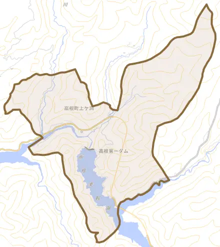 高根町上ケ洞とその周辺の地図。町の範囲を重ねている