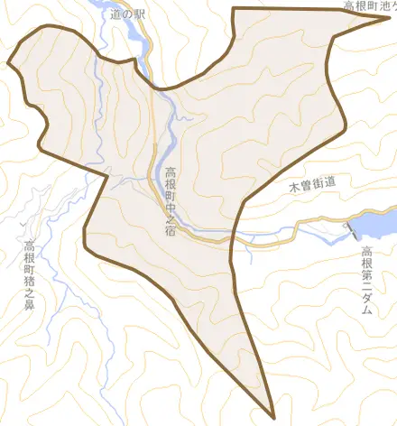 高根町中之宿とその周辺の地図。町の範囲を重ねている