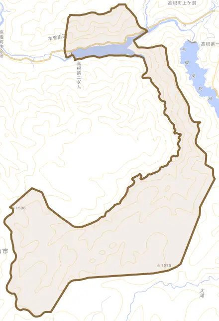 高根町大古井とその周辺の地図。町の範囲を重ねている