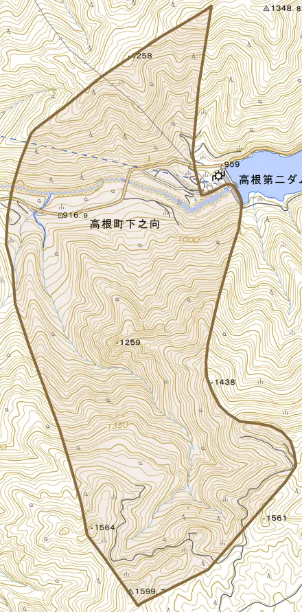 高根町下之向とその周辺の地図。町の範囲を重ねている