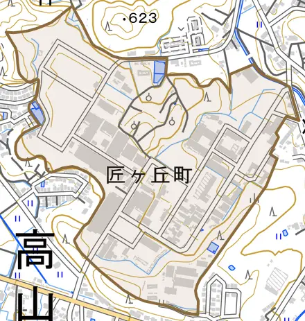 匠ケ丘町とその周辺の地図。町の範囲を重ねている