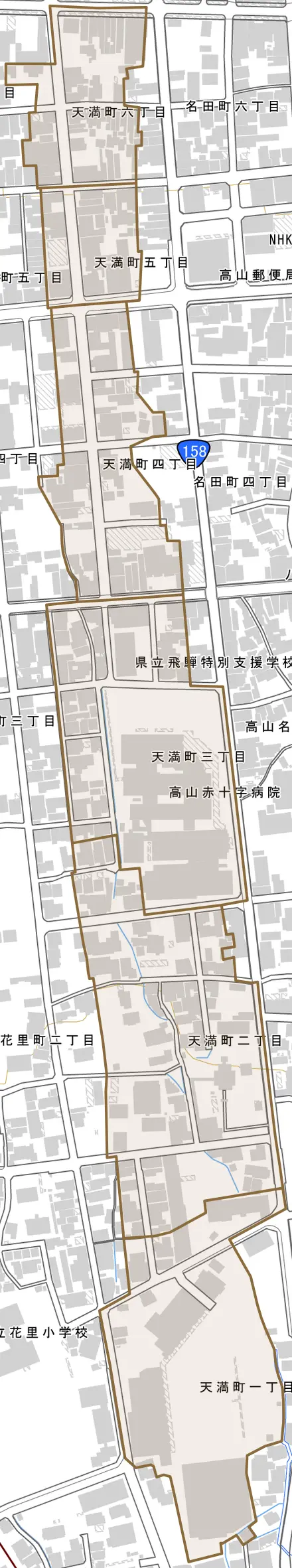 天満町とその周辺の地図。町の範囲を重ねている
