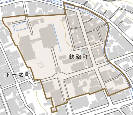 鉄砲町とその周辺の地図。町の範囲を重ねている