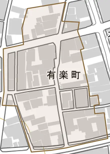 有楽町とその周辺の地図。町の範囲を重ねている