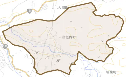 漆垣内町とその周辺の地図。町の範囲を重ねている