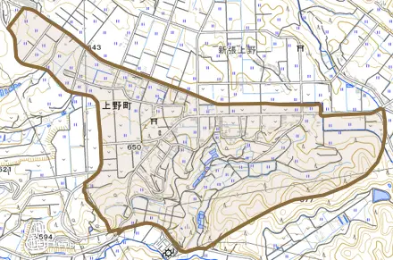 上野町とその周辺の地図。町の範囲を重ねている