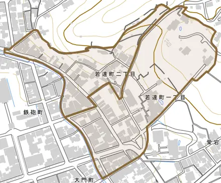 若達町とその周辺の地図。町の範囲を重ねている