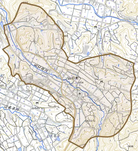 山口町とその周辺の地図。町の範囲を重ねている