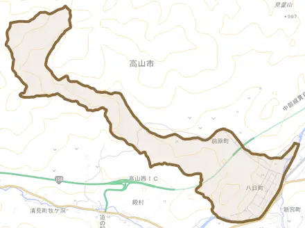 八日町とその周辺の地図。町の範囲を重ねている