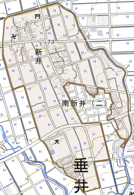 新井とその周辺の地図。町の範囲を重ねている
