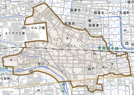 綾戸とその周辺の地図。町の範囲を重ねている