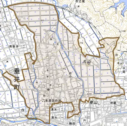 府中とその周辺の地図。町の範囲を重ねている